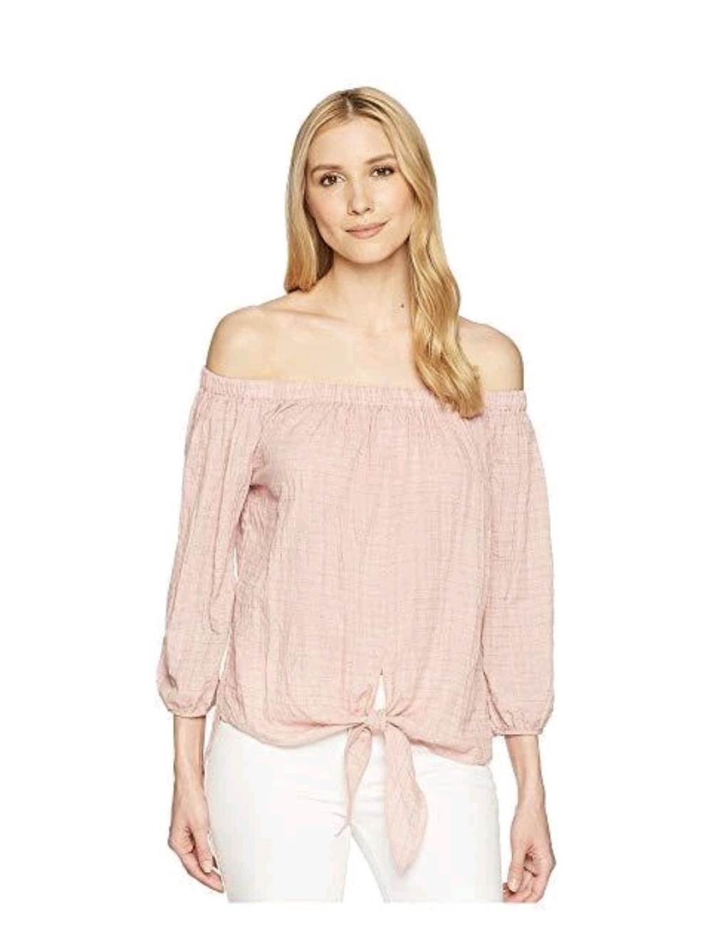 Liverpool Off-Shoulder Tie-Hem Top in Blush Pink